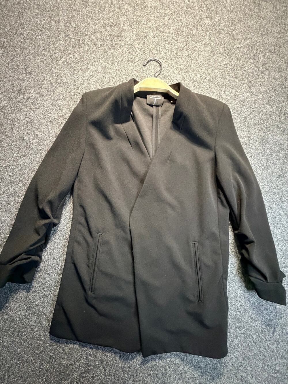 Tahari Black Open Front Blazer Jacket Ruched Sleeves Size S/P